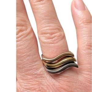 3 Stackable Wave Rings Women Size 6.5 Minimalist Geometric Modernist Gold Silver